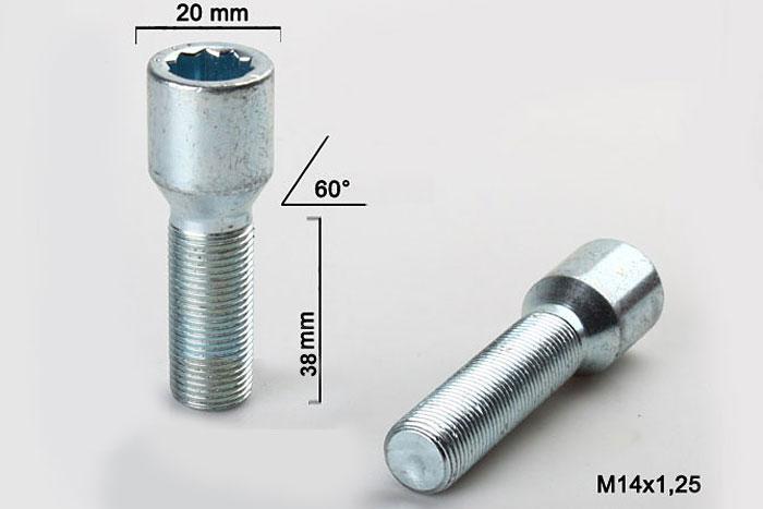 M14x1,25, Wielbout conisch inbus, Draadlengte 38mm, 20mm kopdiameter